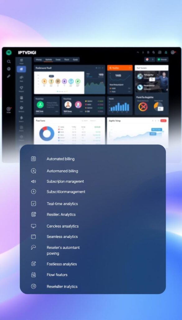 A sleek, modern IPTV reseller panel interface with the IPTVDIGI branding prominently displayed. The panel features a clean, intuitive dashboard showcasing key metrics and customer management tools. In the foreground, a comprehensive list of reseller features is showcased, including automated billing, subscription management, and real-time analytics. The middle ground depicts elegant graphs and charts illustrating reseller performance data. In the background, a soft, gradient-based color scheme creates a professional, tech-savvy atmosphere. The overall composition conveys the power and flexibility of an advanced IPTV reseller platform with seamless, automated billing capabilities.