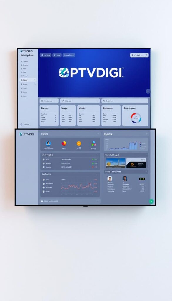 A sleek, modern IPTV reseller panel interface with the IPTVDIGI branding prominently displayed. The panel features a clean, minimalist design with intuitive navigation and clear data visualizations. The layout is organized into distinct sections, allowing the user to easily manage subscriptions, monitor usage, and generate reports. Soft lighting creates a professional atmosphere, while a subtle texture in the background adds depth and sophistication. The overall impression is one of a powerful, yet user-friendly platform tailored for efficient IPTV reselling.