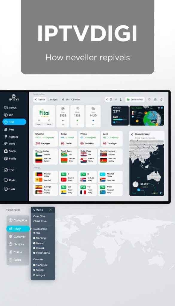 A sleek, modern IPTV reseller panel interface with the IPTVDIGI logo prominently displayed. The panel features a clean, minimalist design with intuitive navigation and customizable dashboards. The foreground showcases various user management tools, subscription plans, and customer analytics. In the middle ground, a detailed breakdown of channel packages and pricing is visible. The background subtly depicts a world map, alluding to the global reach of the IPTV service. The overall mood is professional, sophisticated, and tailored to the needs of IPTV resellers.