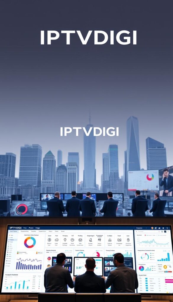 A sleek, modern IPTV reseller panel interface with the IPTVDIGI logo prominently displayed. The panel features a clean, minimalist design with intuitive navigation and customizable user dashboards. The foreground showcases various data visualizations, real-time analytics, and user management tools. The middle ground depicts a team of technicians monitoring the platform, ensuring smooth operation and reliable service. The background features a cityscape with towering skyscrapers, conveying a sense of scale and the panel's enterprise-level capabilities. The lighting is soft and diffused, creating a professional and trustworthy atmosphere. The camera angle is slightly elevated, giving the viewer a comprehensive overview of the IPTV reseller panel's features and functionality.