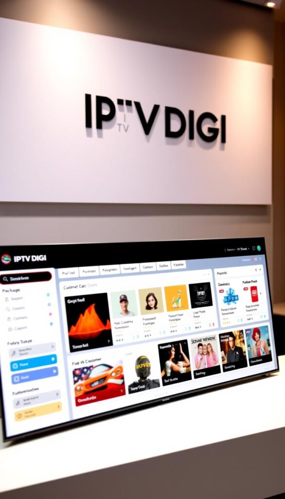 A sleek, modern IPTV reseller panel with the IPTVDIGI brand prominently displayed. The interface features a clean, minimalist design with intuitive navigation. In the foreground, a dashboard showcases key metrics and customer management tools, all presented under warm, directional lighting. The middle ground features a detailed overview of channel packages and subscription options, with high-quality product images. In the background, a subtle gradient adds depth and a sense of professionalism. The overall atmosphere conveys a user-friendly and trustworthy platform for IPTV resellers to manage their business.