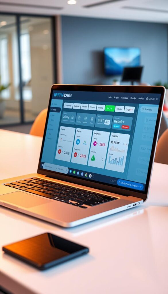 A sleek, modern IPTVDIGI reseller panel displayed on a laptop screen, showcasing a clean and intuitive user interface. The panel features various sections such as customer management, subscription plans, and analytical dashboards, all presented in a visually appealing layout with a minimalist design. The screen is bathed in warm, soft lighting, creating a professional and inviting atmosphere. The laptop is positioned on a clean, uncluttered desk, with a simple backdrop of a blurred office environment, suggesting a well-organized and efficient workspace.