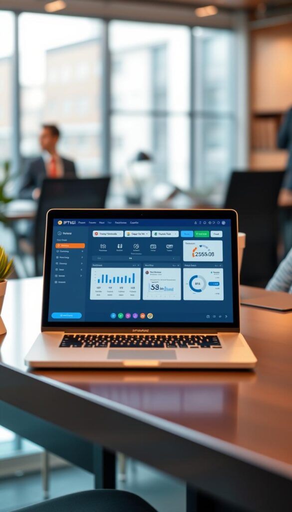A sleek, modern IPTVDIGI reseller panel interface displayed on a laptop screen, set against a blurred background of a professional office environment. The panel showcases a clean, intuitive dashboard with customizable widgets, real-time analytics, and seamless user management tools. Soft, warm lighting illuminates the scene, creating a visually appealing and productive atmosphere. The overall design reflects the panel's advanced features and user-friendly experience, hinting at the benefits of the IPTVDIGI reseller platform.