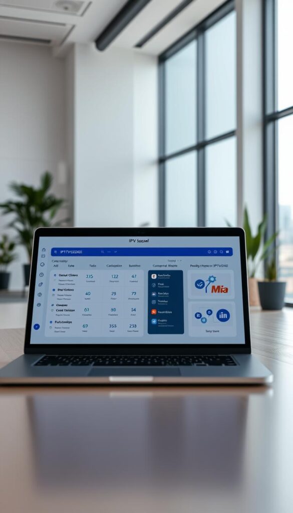 A sleek, modern IPTVDIGI reseller panel interface displayed on a laptop screen, set against a minimalist, light-filled office environment. The panel features clean typography, intuitive navigation, and a striking color palette of blues and grays. The foreground showcases the reseller dashboard, highlighting key metrics and tools for managing clients and subscriptions. In the middle ground, a user navigates the panel, interacting with various features. The background depicts a stylish workspace with large windows, potted plants, and a subtle cityscape visible outside, conveying a sense of professionalism and growth within the IPTV reselling industry.