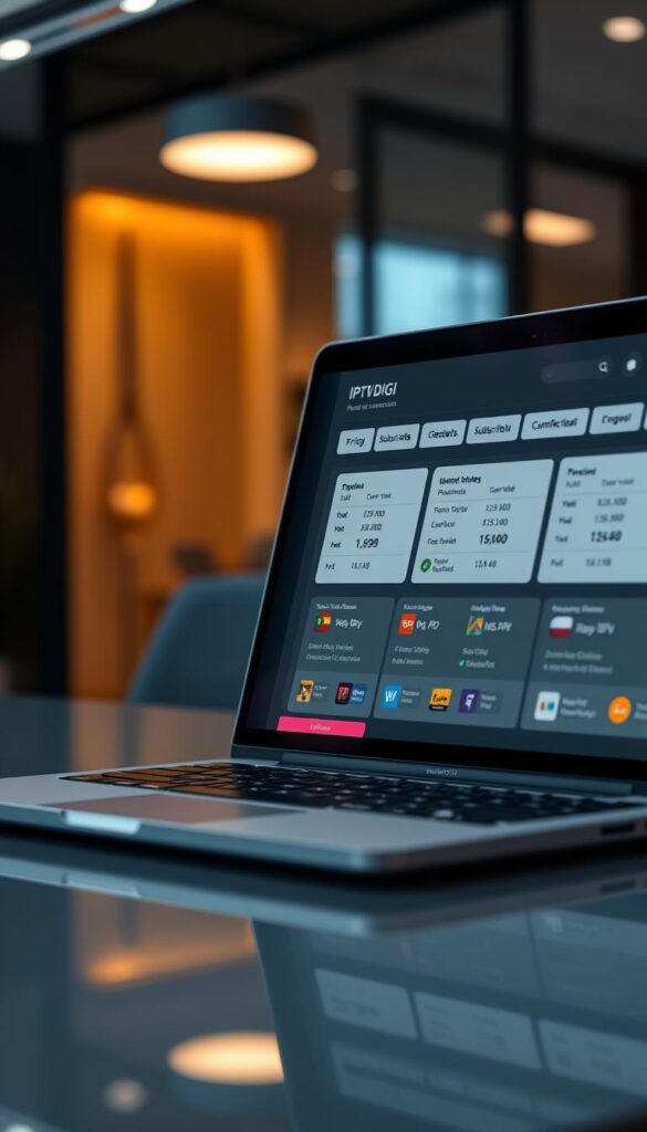 A sleek, modern IPTVDIGI reseller panel interface displayed on a laptop screen, showcasing a clean and intuitive layout with clear pricing tiers, subscription options, and channel lineups. The panel is set against a blurred background of a professional office setting, conveying a sense of professionalism and reliability. Subtle lighting casts a warm, inviting glow, and the screen's reflection adds depth and a touch of elegance. The overall composition emphasizes the panel's user-friendly design and the value proposition of the IPTVDIGI reseller service.