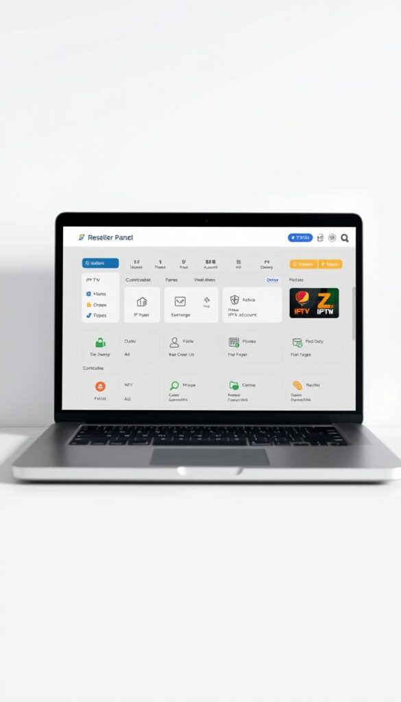 A sleek, modern IPTVDIGI reseller panel interface displayed on a laptop screen, showcasing a clean and intuitive dashboard with customizable options for managing IPTV subscriptions and user accounts. The panel is set against a minimalist, light-colored background, with subtle grid lines and icons that convey a sense of professionalism and reliability. The overall tone is one of efficiency and user-friendliness, reflecting the panel's ability to provide a secure and streamlined IPTV reselling experience.
