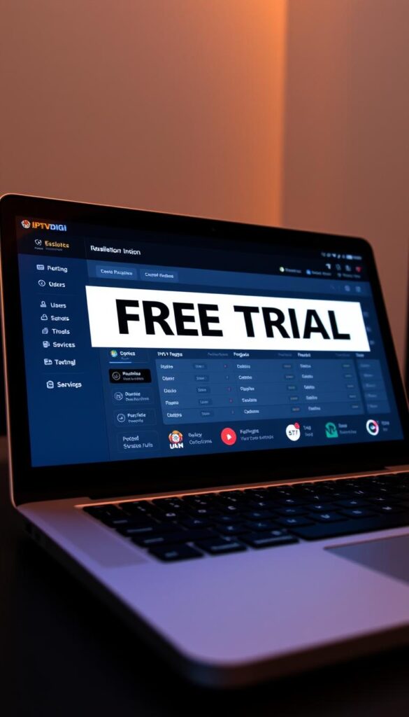 A sleek, modern IPTVDIGI reseller panel interface displayed on a laptop screen, showcasing a clean and intuitive dashboard. The panel features a bold, eye-catching "FREE TRIAL" banner prominently displayed, inviting users to explore the platform's features and capabilities. The screen is well-lit, with a soft, ambient glow, conveying a sense of professionalism and accessibility. The panel's design is minimalist yet stylish, with clear and organized sections for managing subscriptions, users, and various IPTV services. The overall mood is one of efficiency, trust, and a user-friendly experience, enticing potential IPTV resellers to take advantage of the free trial offer.