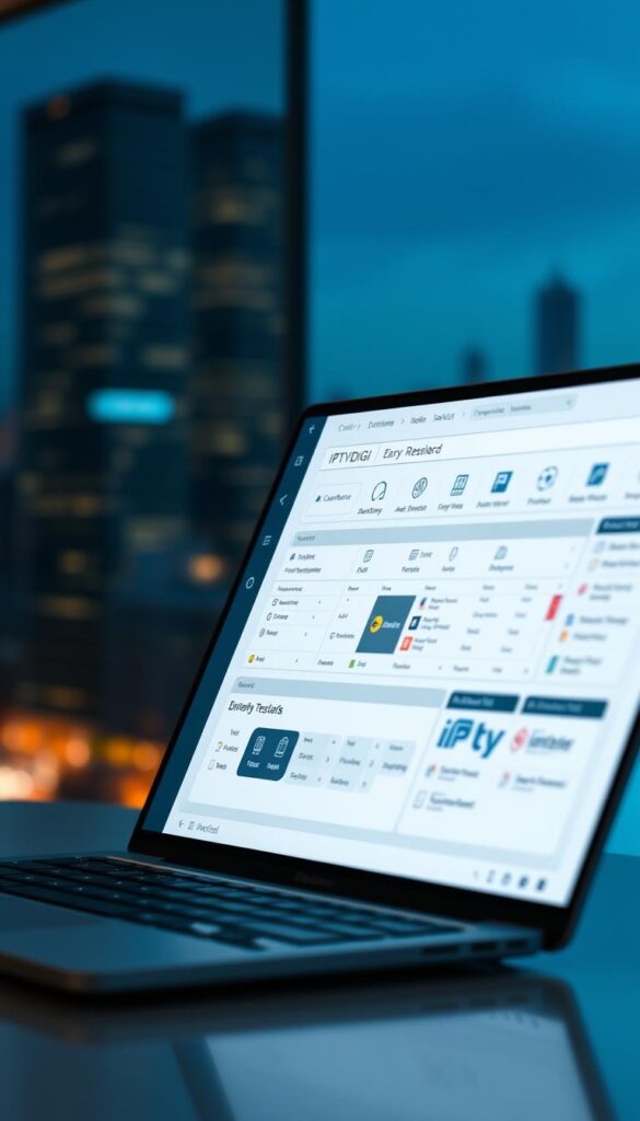 A sleek, modern IPTVDIGI reseller panel interface displayed on a laptop screen, showcasing a clean dashboard with customizable widgets, intuitive navigation, and comprehensive management tools. The panel is illuminated by soft, indirect lighting, creating a professional and efficient atmosphere. In the background, a blurred cityscape suggests a bustling metropolitan setting, symbolizing the panel's ability to provide a seamless IPTV reselling experience for users across various locations. The overall composition conveys a sense of control, flexibility, and technological sophistication.