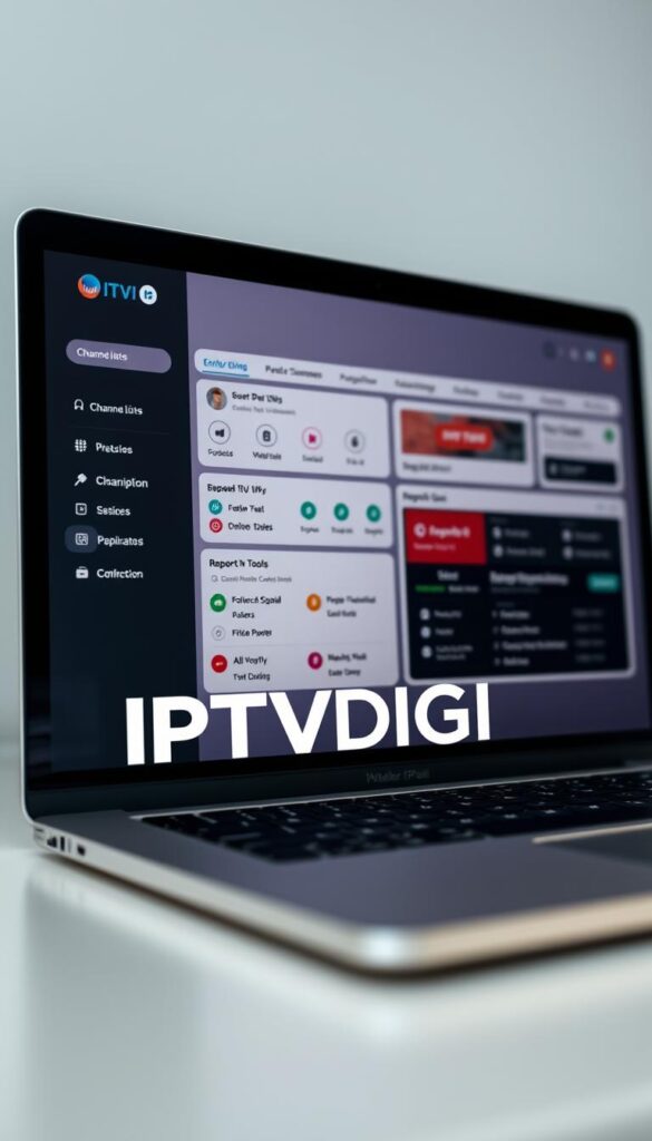 A sleek, modern IPTVDIGI reseller panel interface displayed on a laptop screen. The panel features a clean, minimalist design with sharp edges and a dark color scheme, creating a professional and sophisticated atmosphere. In the foreground, the IPTVDIGI logo is prominently displayed, conveying the brand identity. The middle ground showcases various sections of the panel, such as channel lists, subscription management, and reporting tools, all presented in a well-organized and intuitive layout. The background subtly blurs, directing the viewer's attention to the key features of the reseller panel. The lighting is soft and even, creating a sense of depth and highlighting the panel's details. The overall impression is one of a powerful, feature-rich IPTV reseller platform that caters to the needs of modern, tech-savvy users.