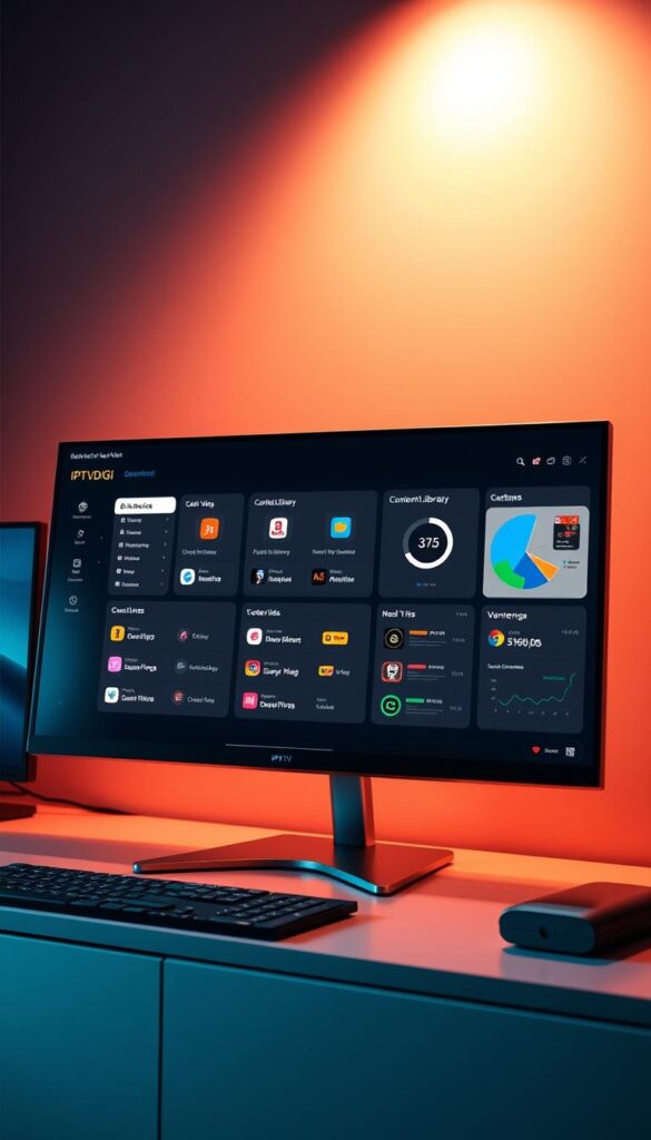 A sleek, modern IPTVDIGI reseller panel interface displayed on a large desktop monitor, bathed in warm, directional lighting that highlights the clean, minimalist design. The panel showcases a comprehensive suite of features and tools for managing IPTV services, including customer account management, content library curation, and real-time viewership analytics. The layout is intuitive and visually appealing, with clear, well-labeled sections and a responsive, user-friendly navigation system. The overall mood is one of professionalism, efficiency, and technological sophistication, conveying the panel's capabilities as a powerful and versatile platform for IPTV resellers.