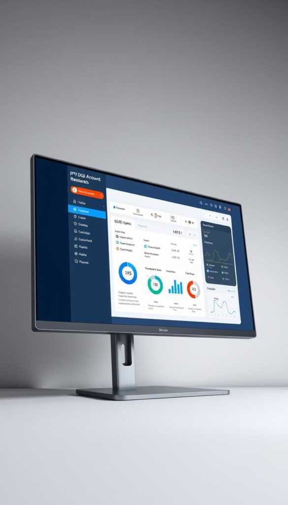A sleek, modern IPTVDIGI reseller panel interface displayed on a large, high-resolution desktop monitor. The panel features a clean, minimalist design with intuitive navigation menus, user account management tools, and detailed sales analytics dashboards. Soft, indirect lighting creates a professional, business-oriented atmosphere, while the monitor is positioned at a slight angle to showcase the panel's sophisticated layout and functionality. The background is a neutral, muted color that allows the panel interface to take center stage, highlighting its key features and capabilities for IPTV resellers.