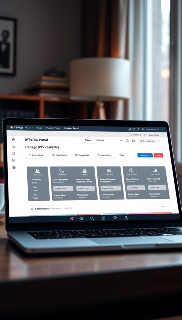 A sleek, modern IPTVDIGI reseller portal interface displayed on a laptop screen, set against a blurred background of a home office or workspace. The portal features a clean, intuitive layout with customizable sections for managing IPTV subscriptions, user accounts, and content libraries. Soft, directional lighting from a nearby window creates a warm, professional atmosphere. The screen is angled slightly, allowing for a clear, detailed view of the portal's key features and functionality.