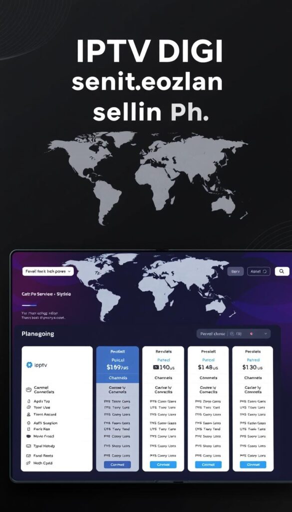 A sleek, modern, and comprehensive IPTV reseller plan dashboard interface showcasing the plans and services offered by IPTVDIGI. The foreground features a grid layout of different subscription tiers, each with detailed information on channels, device connections, and pricing. The middle ground displays a stylized world map, highlighting the global reach and availability of the IPTV services. The background has a minimalist, dark-themed design with subtle gradient patterns, conveying a sense of professionalism and technological sophistication. The overall composition suggests a visually appealing and user-friendly platform for IPTV resellers to explore and select the optimal plan for their business growth.