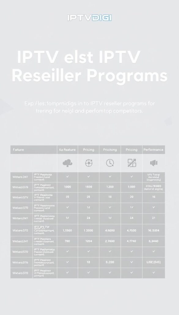 A sleek, modern, and comprehensive comparison of the top IPTV reseller programs, showcasing the IPTVDIGI brand prominently. The image features a minimalist, yet visually striking layout, with clean lines, a neutral color palette, and a focus on data visualization. In the foreground, a grid-like arrangement displays key features, pricing, and performance metrics of the IPTVDIGI reseller program, alongside similar data for its top competitors. The middle ground showcases stylized icons and infographic elements to enhance the informative nature of the comparison. The background maintains a subtle, yet sophisticated backdrop, with a hint of abstract geometric patterns, creating a sense of depth and professionalism. The overall mood is one of clarity, credibility, and a commitment to providing the viewer with a comprehensive understanding of the IPTV reseller landscape.
