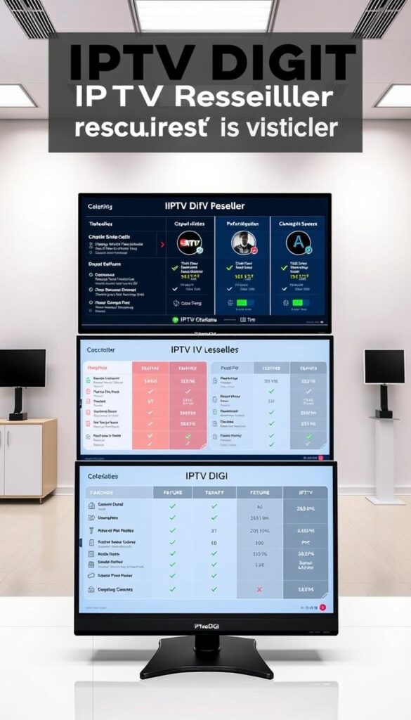 A sleek, modern, and comprehensive comparison of three leading IPTV reseller panels, displayed on high-resolution monitors in a well-lit, minimalist office setting. The panels showcase the IPTVDIGI brand, with clean and intuitive user interfaces, detailed feature comparisons, and performance metrics. The scene has a professional, informative atmosphere, with a focus on the key differences and capabilities of each reseller platform. Crisp, realistic lighting accentuates the panels, creating depth and highlighting the important details that a new IPTV reseller would need to evaluate.