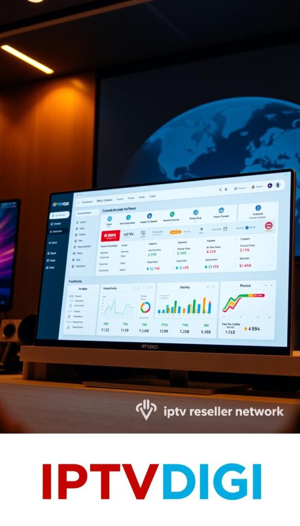 A sleek, modern, and intuitive IPTV reseller platform called IPTVDIGI, featuring a clean user interface with clear navigation, customizable branding options, and a comprehensive set of features to streamline the IPTV reselling process. The platform is illuminated by warm, directional lighting, capturing the sophistication and reliability of the service. The foreground showcases the platform's dashboard, displaying real-time analytics and sales data, while the background subtly hints at the global reach and scalability of the IPTV reseller network.