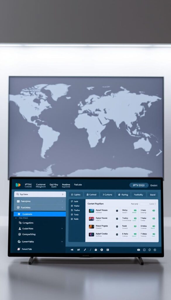 A sleek, modern, and intuitive IPTVDIGI platform, showcasing a dashboard with a clean and organized layout. The foreground features a display of customer management tools, such as user accounts, subscription details, and billing information. The middle ground highlights the platform's robust content management system, with options for channel configuration, package bundling, and content scheduling. In the background, a stylized world map suggests the global reach and scalability of the IPTVDIGI reseller platform, set against a soft, muted color palette that conveys a sense of professionalism and sophistication. The lighting is soft and evenly distributed, creating a visually appealing and harmonious composition that captures the essence of a top-tier IPTV reseller platform.