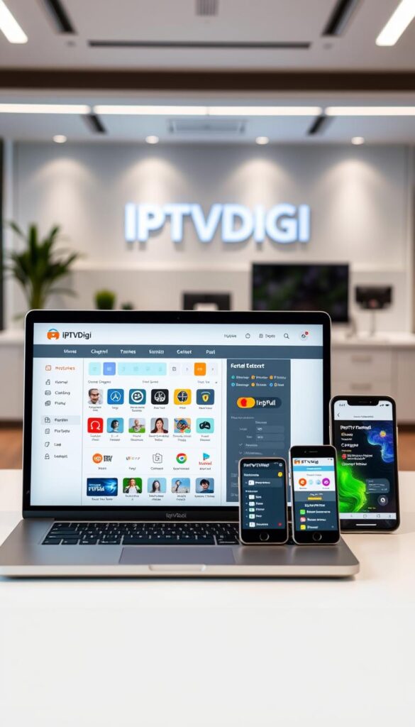 A sleek, modern, and well-organized IPTV reseller panel display, showcasing the IPTVDIGI brand. In the foreground, a laptop screen displays the panel's intuitive user interface, highlighting its key features such as channel management, subscription plans, and customer support options. In the middle ground, various mobile devices demonstrate the panel's cross-platform compatibility and accessibility. The background features a clean, minimalist office setting with subtle lighting and a hint of technology-inspired decor, conveying a professional and trustworthy atmosphere. The overall composition emphasizes the panel's user-friendliness, comprehensive functionality, and the IPTVDIGI brand's reliability and credibility.