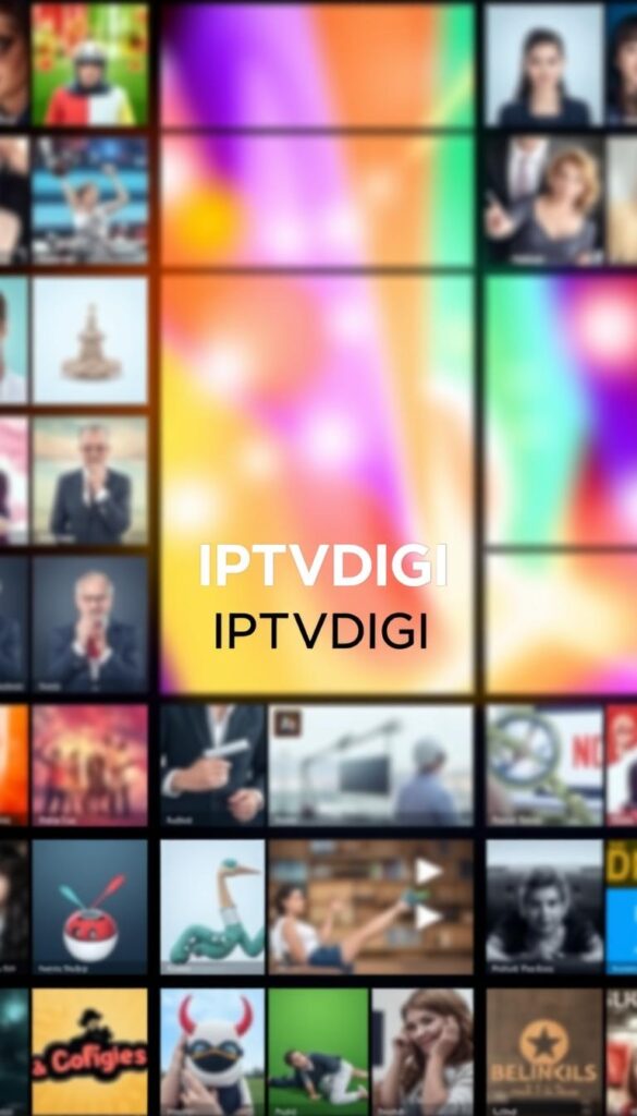 A sleek, modern content library interface for IPTVDIGI, showcasing a diverse array of entertainment options. The foreground features a grid of stylized thumbnails, each representing a different video or media content. The middle ground highlights the IPTVDIGI branding, displayed prominently with a clean, minimalist design. The background presents a softly blurred, yet vibrant, backdrop, creating a sense of depth and focus on the content. The lighting is soft and natural, conveying a sense of professionalism and high-quality. The overall composition and color palette evoke a sophisticated, user-friendly, and visually appealing IPTV content experience.