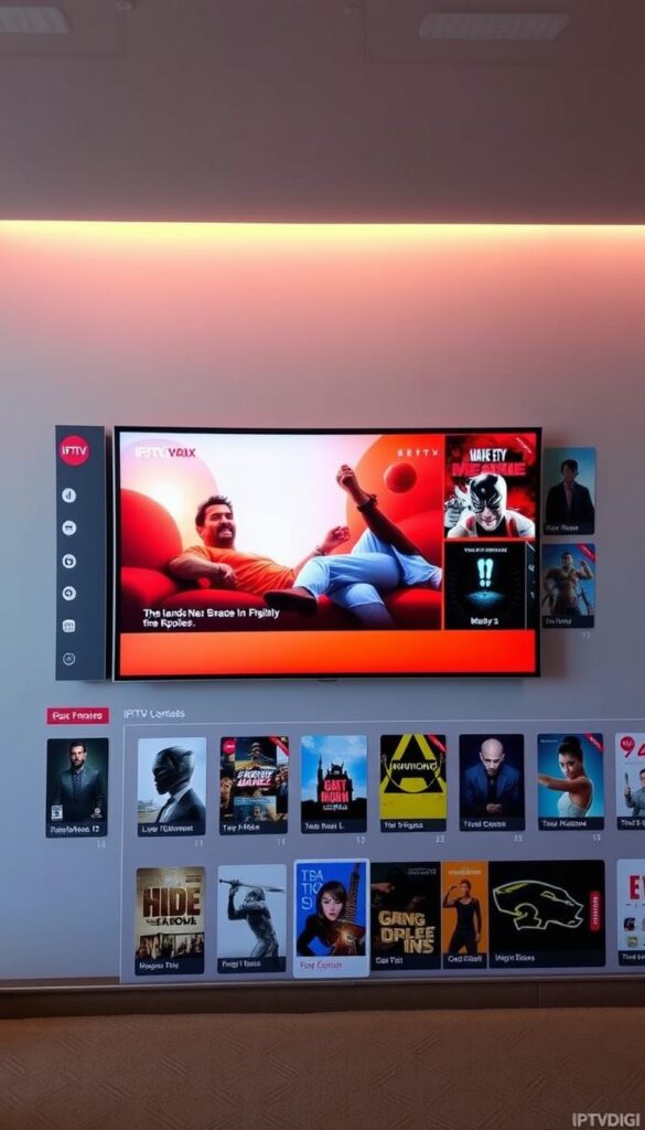 A sleek, modern content library interface showcasing the diverse range of live TV channels, on-demand movies, and entertainment options offered by IPTVDIGI. The interface features a clean, minimalist design with a large central display highlighting featured content, surrounded by neatly organized content categories. The background has a subtle gradient, creating a sense of depth and sophistication. Warm lighting illuminates the display, drawing the viewer's attention to the vibrant, high-quality visuals. The overall atmosphere conveys a sense of professionalism, reliability, and a premium IPTV experience for resellers and their customers.