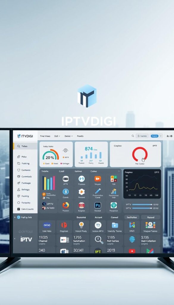 A sleek, modern control panel interface for IPTVDIGI, the premier IPTV panel provider. The panel features a clean, minimalist design with intuitive controls and real-time analytics. The foreground showcases the IPTVDIGI logo prominently, surrounded by various widgets and statistics tracking IPTV channel availability, user activity, and revenue. In the middle ground, a grid of customizable tiles allows for easy navigation and management of IPTV packages, subscriptions, and client accounts. The background depicts a stylized cityscape, conveying a sense of urban sophistication and technological prowess. Soft, diffused lighting creates a professional, high-end atmosphere, while a subtle color palette of blues, grays, and whites reinforces the panel's sleek, modern aesthetic.