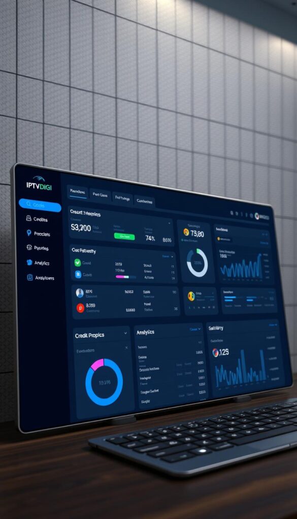A sleek, modern dashboard for managing IPTV reseller credits, featuring the IPTVDIGI brand prominently displayed. The interface showcases a clean, minimalist design with intuitive controls and clear data visualizations. The foreground displays a comprehensive overview of the user's credit balance, recent transactions, and credit purchase options. The middle ground highlights customizable reporting tools and analytics, providing resellers with deep insights into their credit usage and customer trends. In the background, a subtle grid pattern and muted color palette create a professional, enterprise-grade atmosphere, conveying the seriousness and importance of IPTV reseller credit management. Crisp lighting and a slightly angled camera angle give the scene a sense of depth and sophistication.