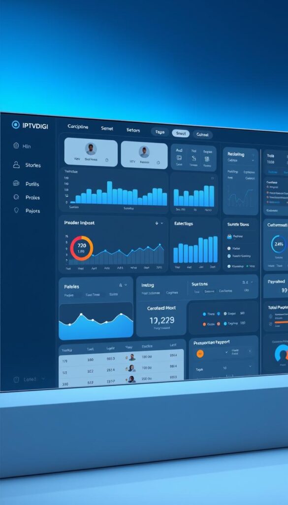 A sleek, modern dashboard for the IPTVDIGI IPTV reseller panel. The interface displays a comprehensive overview of the reseller's account, including real-time analytics, subscription management, and customer support tools. Crisp, high-resolution graphics and a clean, minimalist design create an intuitive and professional user experience. Soft blue and gray tones set a calm, sophisticated mood, with subtle lighting and shadows adding depth and dimension. The layout is well-organized, with clear data visualization and easy navigation, empowering the reseller to efficiently manage their IPTV business.