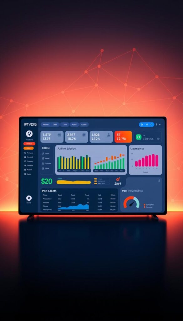 A sleek, modern dashboard for the IPTVDIGI reseller panel, bathed in a soft, warm lighting. The interface features a clean, minimalist design with bold colors and crisp, high-resolution graphics. In the foreground, a centralized control panel displays key metrics such as active subscriptions, income, and user analytics. The middle ground showcases intuitive tools for managing clients, packages, and billing. In the background, a subtle pattern of interconnected nodes and lines symbolizes the powerful backend infrastructure powering the IPTVDIGI reseller experience. The overall atmosphere conveys a sense of professionalism, efficiency, and advanced technological capabilities.