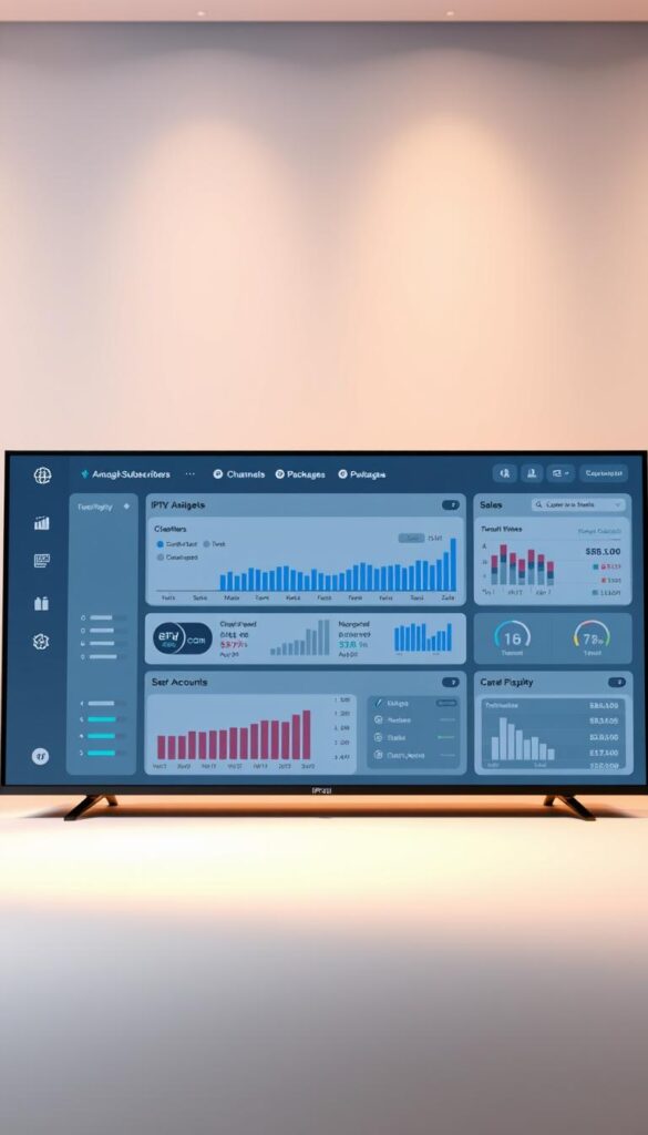 A sleek, modern dashboard interface for an IPTV reseller business, designed by IPTVDIGI. In the foreground, a clean grid layout displays detailed subscriber and sales analytics, with customizable widgets and interactive charts. The middle ground features intuitive controls for managing channels, packages, and user accounts, all with a responsive, mobile-friendly design. The background showcases a sophisticated color palette of blues and grays, complemented by subtle textures and gradients, creating a professional, enterprise-level aesthetic. Soft, diffused lighting casts a warm glow, conveying a sense of sophistication and reliability. The overall composition communicates the power and flexibility of the IPTV reseller dashboard, designed to streamline operations and drive business growth.