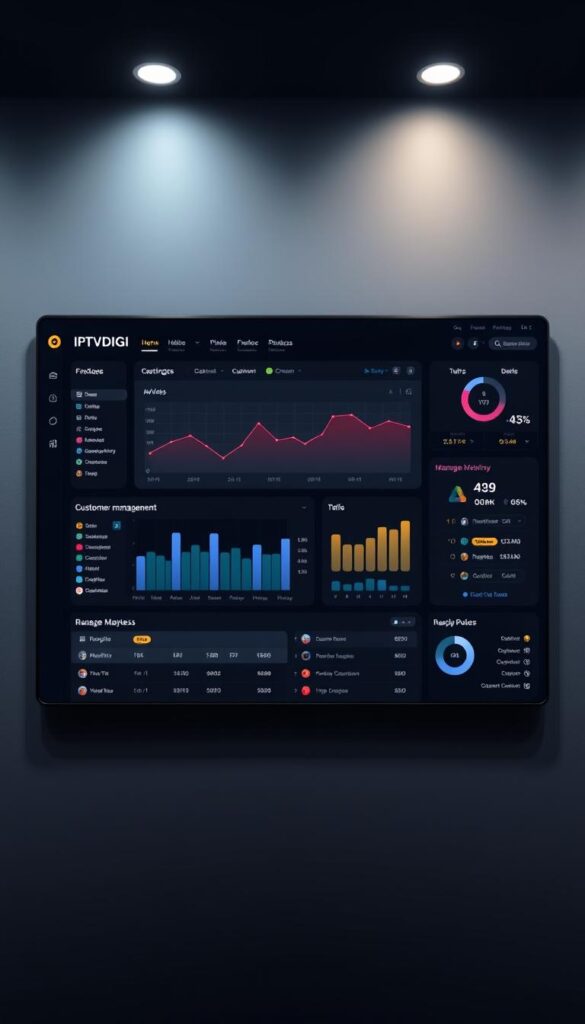 A sleek, modern dashboard interface for an IPTV reseller platform called IPTVDIGI. The dashboard displays real-time analytics, customer management tools, and intuitive controls for managing IPTV subscriptions and packages. The layout features a clean, minimalist design with a dark color scheme and subtle accent colors. Large data visualizations, neatly organized menus, and responsive UI elements create an efficient and user-friendly experience. Soft lighting from overhead creates depth and highlights the dashboard's high-tech aesthetic. The overall impression is one of a powerful, yet straightforward platform for IPTV resellers to grow their business.