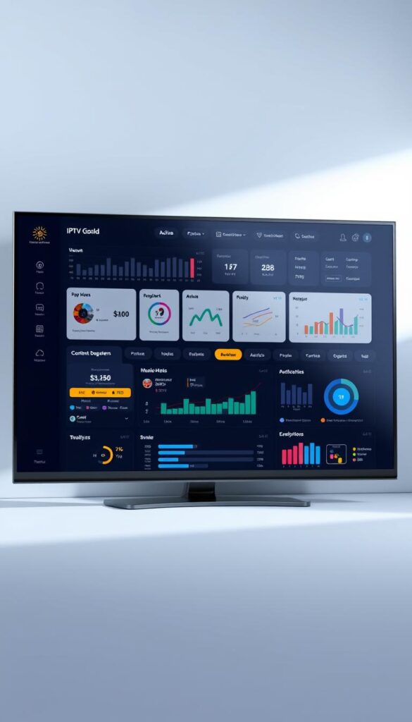 A sleek, modern dashboard interface for the IPTVDIGI Gold reseller panel, showcasing a clean layout with intuitive controls and vibrant data visualizations. The screen is bathed in a soft, diffused lighting, creating a professional and polished aesthetic. In the foreground, a series of interactive tiles display real-time metrics such as active subscriptions, revenue, and user analytics. The middle ground features a comprehensive content management system, allowing the reseller to seamlessly manage their IPTV offerings. In the background, a minimalist color scheme of grays and blues lends an air of sophistication, complemented by subtle gradients and geometric patterns that reinforce the panel's sleek, digital nature.