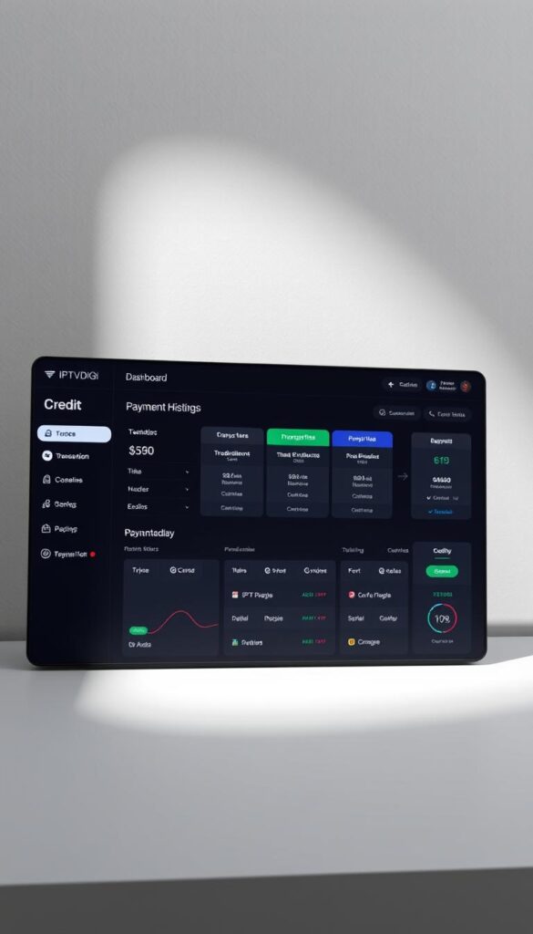 A sleek, modern dashboard interface for the IPTVDIGI credit system, with a clean, minimalist design. In the foreground, a detailed view of the user's current credit balance, transaction history, and payment options, all presented in a clear, easy-to-navigate layout. The middle ground features a well-organized overview of the platform's pricing structure, showcasing different subscription tiers and their corresponding credits. In the background, a subtle, textured pattern or gradient adds depth and visual interest, creating a professional, high-tech atmosphere. Lighting is soft and directional, casting gentle shadows and highlights to accentuate the UI elements. The overall tone is one of efficiency, reliability, and a premium user experience.