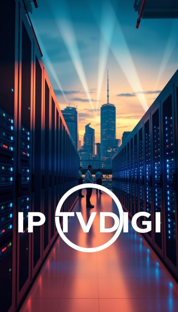 A sleek, modern data center with rows of server racks and blinking LED lights. In the foreground, the IPTVDIGI logo stands out prominently, conveying a sense of authority and professionalism. The middle ground features technicians dressed in uniforms, diligently monitoring the systems. In the background, a cityscape with towering skyscrapers and a twilight sky creates an urban, high-tech atmosphere. Lighting is dramatic, with a combination of warm, soft illumination and cool, directional beams, casting dramatic shadows. The camera angle is slightly elevated, lending an imposing, authoritative presence to the scene.