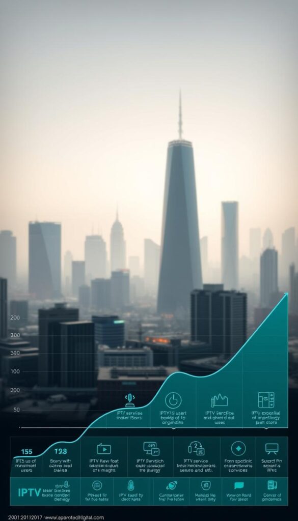 A sleek, modern data visualization depicting the exponential growth of IPTVDIGI services. In the foreground, a bold line graph showcases the rapidly rising user numbers, rendered in a clean, minimalist style with a muted color palette. The middle ground features stylized icons and infographic elements highlighting key IPTV service features and benefits. In the background, a hazy cityscape with skyscrapers and infrastructure symbolizes the expanding IPTV market and its integration into the digital landscape. Soft, directional lighting from the left casts subtle shadows, creating depth and emphasizing the dynamic nature of the IPTV industry's ascent.