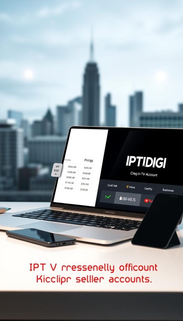 A sleek, modern desktop setup with a laptop, tablet, and smartphone arranged neatly. The IPTVDIGI logo is prominently displayed on the laptop screen, showcasing the pricing and credit system for an IPTV reseller account. The lighting is soft and diffused, creating a professional and elegant atmosphere. The background features a blurred city skyline, conveying a sense of urban sophistication. The overall composition is balanced and visually appealing, drawing the viewer's attention to the key details of the IPTV reseller account pricing information.