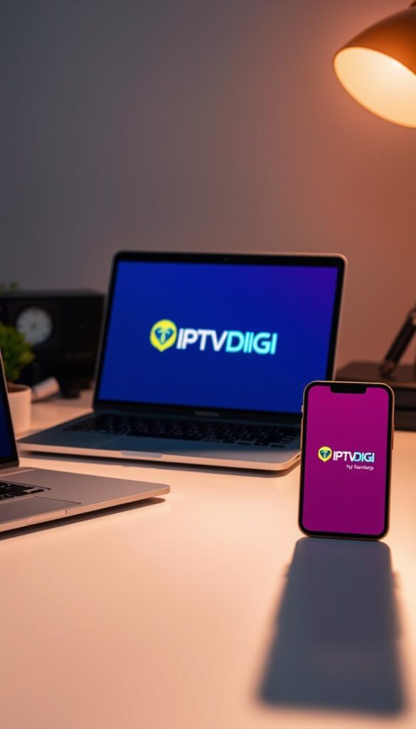 A sleek, modern desktop setup with a laptop, tablet, and smartphone displaying the IPTVDIGI logo. The scene is illuminated by warm, directional lighting, casting subtle shadows and highlights. The devices are arranged neatly on a clean, minimalist desk, hinting at the organized and professional nature of IPTV reselling. The background is blurred, drawing the viewer's attention to the foreground elements. The overall mood is one of efficiency, technology, and a thriving IPTV resale business.