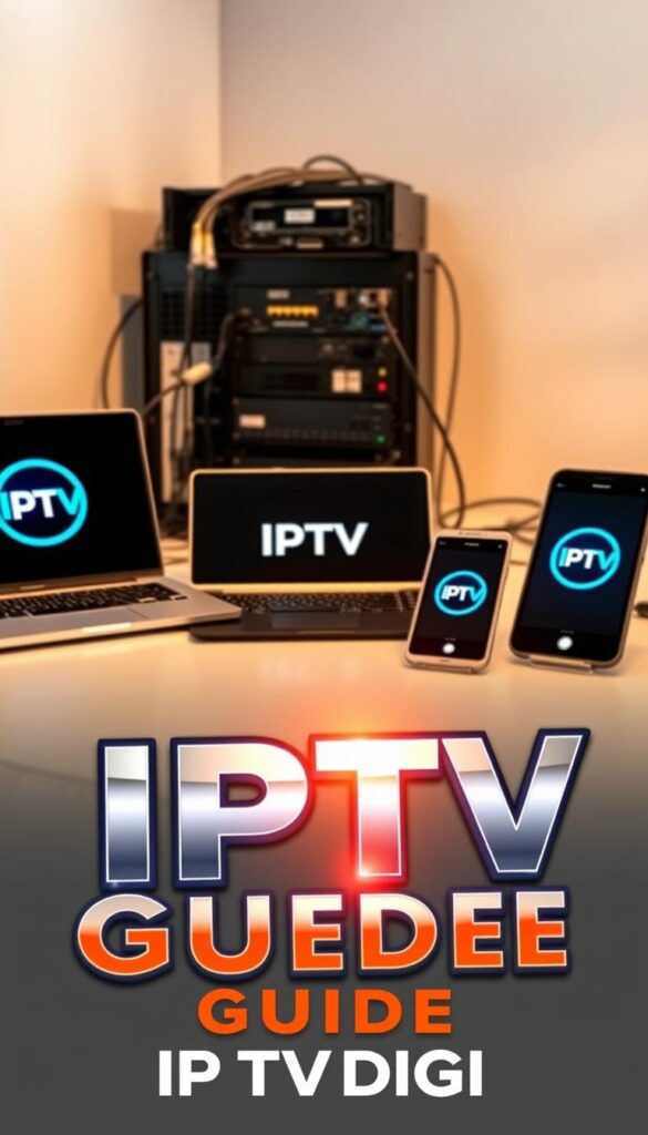 A sleek, modern desktop setup with a laptop, tablet, and smartphone displaying the IPTVDIGI brand logo. The foreground features a stylized, metallic "IPTV Reseller Guide" title, with a soft, glowing light source illuminating the scene. The middle ground showcases various networking equipment, cables, and devices, hinting at the technical aspects of IPTV reselling. The background is a clean, minimalist workspace with subtle textures and gradients, conveying a professional, high-tech atmosphere. The overall tone is one of authority, expertise, and a comprehensive guide to IPTV reselling.