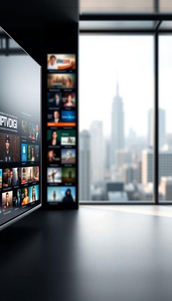 A sleek, modern digital content library showcasing the extensive IPTVDIGI video catalog. In the foreground, a minimalist interface with clean lines and a bold IPTVDIGI logo, hinting at the high-quality streaming experience. The middle ground features a grid of colorful, high-definition video thumbnails, representing the diverse content available. In the background, a soft, blurred cityscape suggests the global reach and accessibility of the IPTVDIGI platform. The lighting is crisp and directional, casting subtle shadows and highlights to accentuate the sophisticated, technology-driven aesthetic. The overall mood is one of professionalism, innovation, and a comprehensive content offering tailored for IPTV resellers.