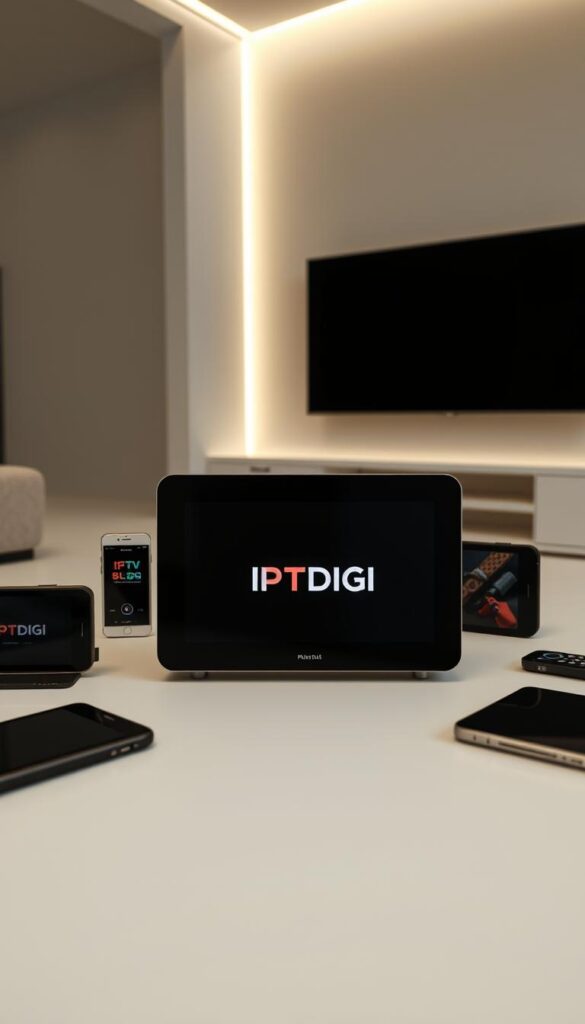 A sleek, modern digital device displaying the IPTVDIGI logo, surrounded by a variety of other compatible devices such as smartphones, tablets, and smart TVs. The scene is set in a stylish, minimalist interior with clean lines, neutral tones, and soft, diffused lighting, creating a sense of sophistication and technological prowess. The devices are arranged in a visually appealing, symmetrical layout, highlighting IPTVDIGI's multi-device support capabilities. The overall mood is one of streamlined efficiency, seamless integration, and a premium user experience.