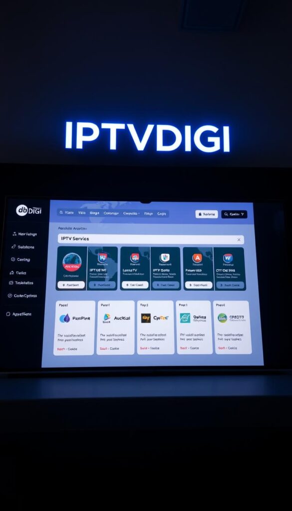 A sleek, modern digital platform with the IPTVDIGI brand prominently displayed. The interface features a clean, minimalist design with intuitive navigation and clear call-to-action buttons. In the foreground, a user-friendly dashboard showcases key reseller metrics and analytics. The middle ground depicts a selection of IPTV service offerings, each with detailed descriptions and customization options. In the background, a stylized world map suggests the global reach and connectivity of the platform. The lighting is soft and diffused, creating a professional and trustworthy atmosphere. The camera angle is slightly elevated, conveying a sense of authority and expertise.
