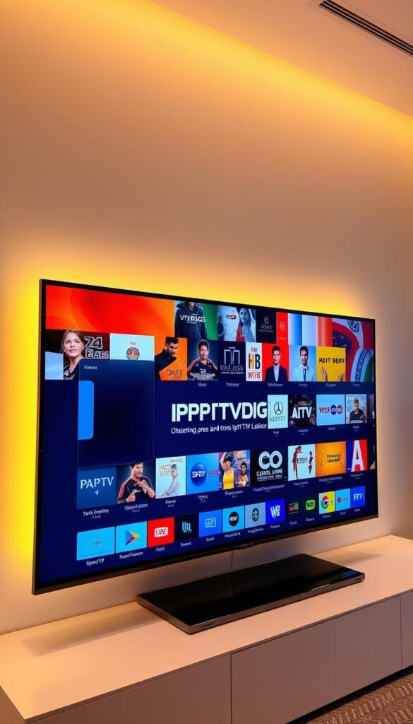 A sleek, modern entertainment system displaying a vibrant, diverse selection of IPTV Latino content. The screen showcases the IPTVDIGI brand prominently, reflecting its position as a leading IPTV Latino reseller. The interface features intuitive navigation, allowing users to effortlessly browse and access a wide range of regional programming. Subtle lighting and clean lines create a premium, professional atmosphere, hinting at the reliable and high-quality services IPTV Latino resellers can offer. The overall scene conveys the potential for growth and opportunity in this dynamic market segment.