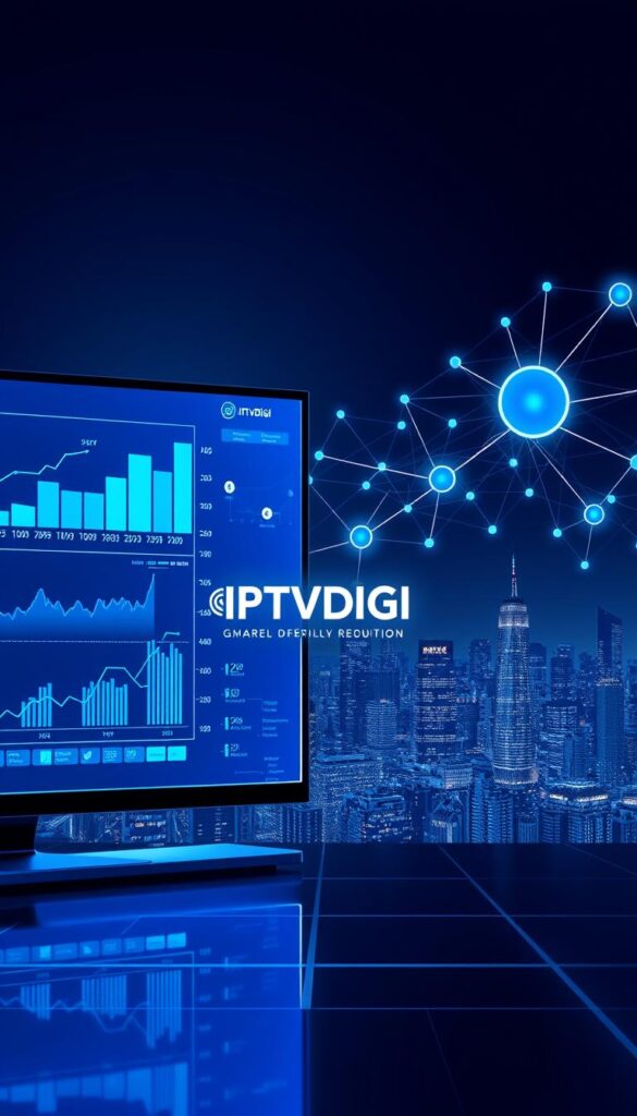 A sleek, modern illustration depicting the growth of the IPTV reselling market. In the foreground, a digital dashboard displays dynamic charts and graphs showcasing market trends and projections, bathed in a cool, blue-hued lighting. In the middle ground, a network of interconnected nodes and lines represents the complex infrastructure of the IPTV reselling ecosystem, with the IPTVDIGI brand prominently featured. The background features a cityscape skyline, symbolizing the widespread adoption and integration of IPTV services across urban environments. The overall tone is one of technological sophistication, data-driven insights, and the exponential expansion of the IPTV reselling industry.