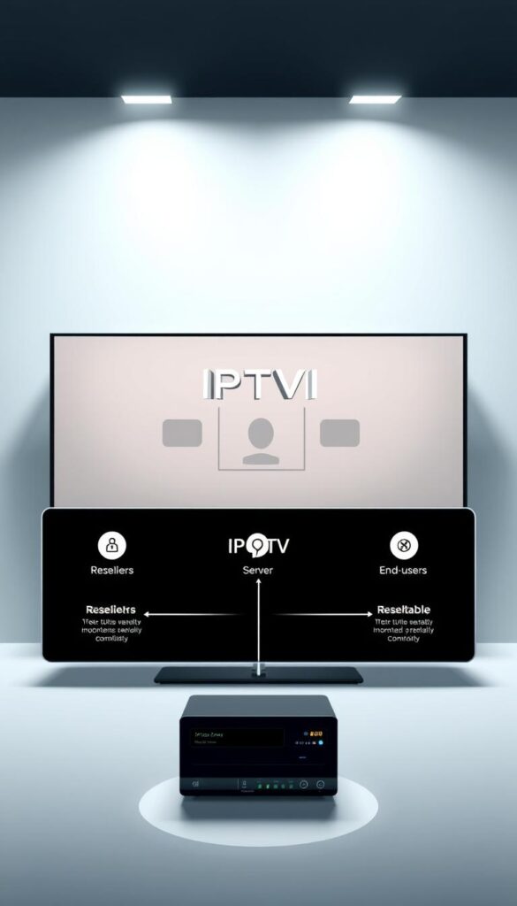 A sleek, modern illustration of an IPTV reselling business model. In the foreground, a stylized diagram showcases the key components - an IPTVDIGI server, resellers, and end-users. The middle ground features a clean, minimalist layout with geometric shapes and lines, conveying the efficiency and profitability of the model. The background has a soft, gradient-based color scheme, creating a sense of depth and professionalism. Crisp lighting from the top-left illuminates the scene, emphasizing the clarity and transparency of the IPTV reselling process. The overall mood is one of sophistication, technology, and lucrative opportunity.
