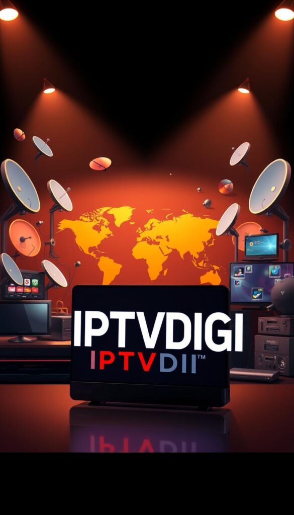 A sleek, modern illustration of the "IPTVDIGI" brand, conveying its position as a leading global IPTV provider. In the foreground, the "IPTVDIGI" logo stands prominently, its bold typography and vibrant color scheme immediately capturing attention. The middle ground features a world map, symbolizing the brand's international reach and service coverage. Satellite dishes, digital devices, and streaming interfaces populate the background, highlighting IPTVDIGI's advanced IPTV technology and comprehensive service offering. The overall scene is illuminated by warm, directional lighting, creating a professional, authoritative atmosphere that reflects IPTVDIGI's expertise and reliability as a premier IPTV solution.