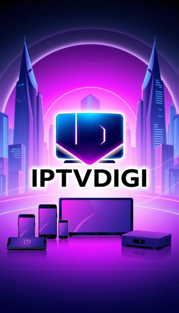 A sleek, modern illustration of the IPTVDIGI brand, showcasing their IPTV reseller services. In the foreground, the IPTVDIGI logo stands out prominently, rendered in a minimalist, high-tech style with a bold, neon-like glow. The middle ground features a group of devices, such as smartphones, tablets, and smart TVs, all displaying IPTV content, conveying the idea of a comprehensive IPTV solution. The background is a stylized, futuristic cityscape with towering skyscrapers and a vibrant, neon-tinged atmosphere, hinting at the global reach and advanced technology of the IPTVDIGI platform. The overall tone is sleek, sophisticated, and forward-looking, reflecting the cutting-edge nature of the IPTV reseller services.