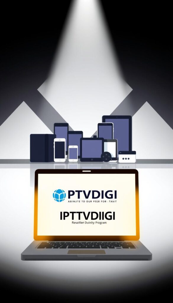 A sleek, modern illustration of the IPTVDIGI reseller program. In the foreground, a stylized laptop screen displays the IPTVDIGI logo and program details, illuminated by a warm, directional light. In the middle ground, a collection of devices like smartphones and tablets symbolize the versatility of the IPTV service. The background features a sophisticated geometric pattern, conveying a sense of technology and professionalism. The overall composition is balanced, with a clean, minimalist aesthetic that reflects the streamlined nature of the IPTVDIGI reseller program.