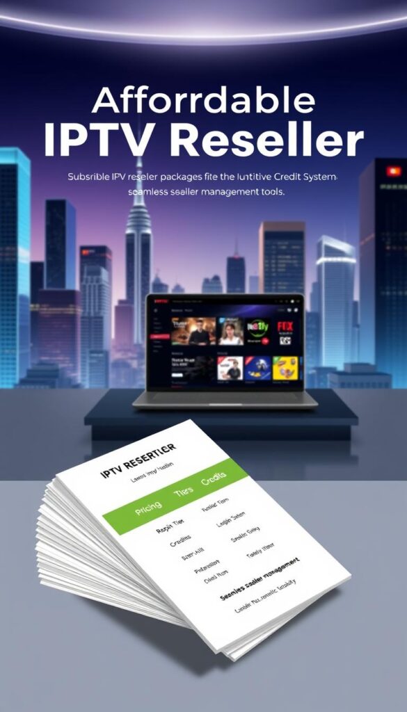 A sleek, modern illustration showcasing IPTVDIGI's affordable IPTV reseller packages. In the foreground, a stack of colorful, minimalist pricing cards with clear details on subscription tiers, features, and credits. The middle ground features a laptop or tablet displaying the IPTVDIGI web interface, highlighting the intuitive credit system and seamless reseller management tools. The background depicts a sophisticated, urban setting with skyscrapers and a vibrant, neon-lit cityscape, conveying a sense of technological innovation and forward-thinking. The overall mood is professional, polished, and designed to attract potential IPTV resellers with a visually appealing and informative presentation of IPTVDIGI's pricing structure and reseller capabilities.