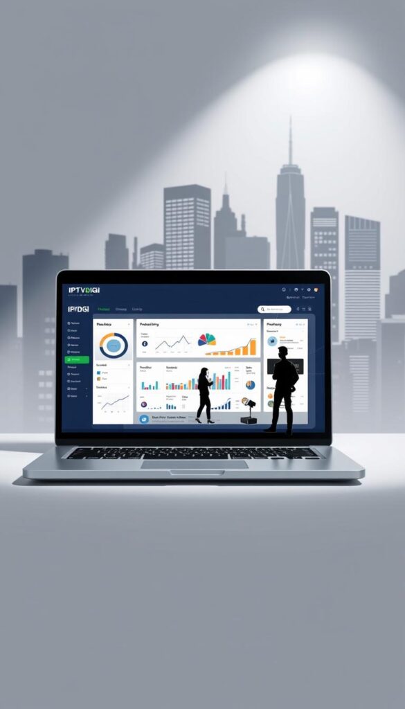 A sleek, modern illustration showcasing the IPTVDIGI IPTV reselling business model. In the foreground, a laptop displays a dashboard with key metrics and statistics, conveying the data-driven nature of the service. In the middle ground, a team of stylized figures collaborate, representing the partnership and distribution aspects of the reselling model. The background features a sophisticated cityscape, hinting at the global reach and scale of the IPTV reselling enterprise. Lighting is soft and directional, creating a sense of professionalism and authority. The overall tone is one of efficiency, growth, and technological prowess, reflecting the lucrative potential of the IPTV reselling industry.