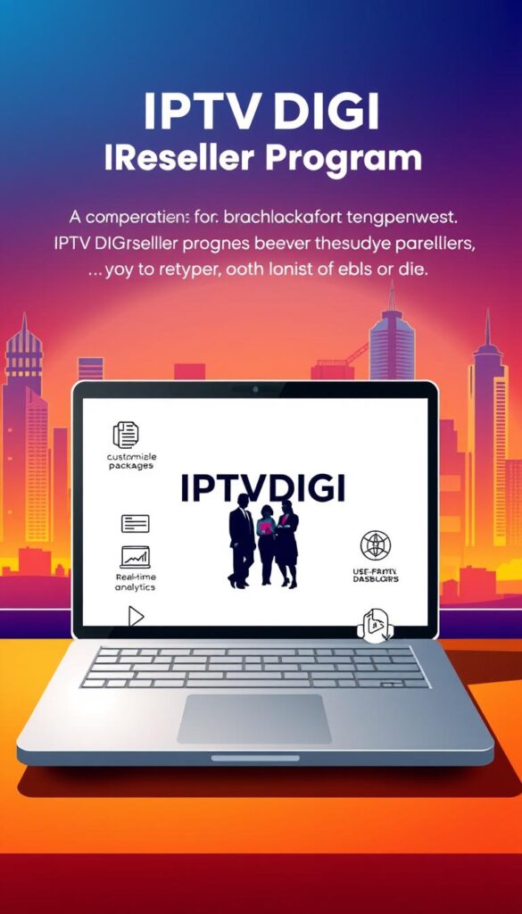 A sleek, modern illustration showcasing the IPTVDIGI Reseller Program. In the foreground, a laptop screen displays the IPTVDIGI logo, surrounded by stylized icons representing the program's key features - customizable packages, real-time analytics, and a user-friendly reseller dashboard. The middle ground features a team of professionals collaborating, symbolizing the support and resources available to IPTVDIGI resellers. In the background, a cityscape with skyscrapers and a vibrant, digital-inspired color palette conveys the dynamic, tech-savvy nature of the IPTVDIGI ecosystem. Lighting is clean and directional, casting subtle shadows to add depth and dimension. The overall impression is one of a comprehensive, state-of-the-art reseller program designed to empower entrepreneurs in the IPTV industry.