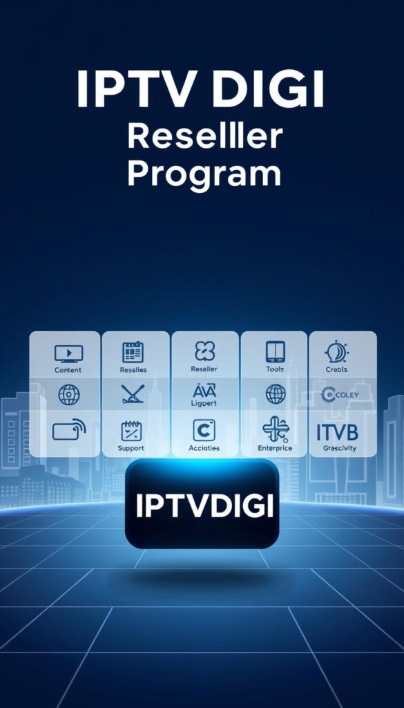 A sleek, modern illustration showcasing the IPTVDIGI Reseller Program. In the foreground, the IPTVDIGI logo stands prominently, rendered in a bold, high-contrast design. The middle ground features a grid of stylized icons representing the program's key features - content offerings, reseller tools, and support services. The background depicts a sophisticated cityscape, hinting at the global reach and enterprise-level capabilities of the IPTVDIGI platform. The overall composition conveys a sense of professionalism, reliability, and cutting-edge technology, perfectly suited to highlight IPTVDIGI as the ultimate provider for IPTV resellers.
